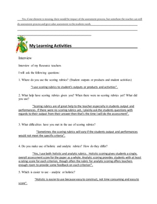 Yes, if one element is missing, there would be impact of the assessment process, but somehow the teacher can still
do assessment process and give value assessment tothe students work.
My Learning Activities
Interview
Interview of my Resource teachers
I will ask the following questions:
1. Where do you use the scoring rubrics? (Student outputs or products and student activities)
“I use scoring rubrics to student’s outputs or products and activities”.
2. What help have scoring rubrics given you? When there were no scoring rubrics yet? What did
you use?
“Scoring rubrics are of great help to the teacher especially in students output and
performances. If there were no scoring rubrics yet, I plainly ask the students questions with
regards to their output from their answer then that’s the time I will do the assessment”.
3. What difficulties have you met in the use of scoring rubrics?
“Sometimes the scoring rubrics will vary if the students output and performances
would not meet the specific criteria”.
4. Do you make use of holistic and analytic rubrics? How do they differ?
“Yes, I use both holistic and analytic rubrics. Holistic scoring gives students a single,
overall assessment score for the paper as a whole. Analytic scoring provides students with at least
a rating score for each criterion, though often the rubric for analytic scoring offers teachers
enough room to provide some feedback on each criterion”.
5. Which is easier to use – analytic or holistic?
“Holistic is easier to use because easy to construct, not time consuming and easy to
score”.
 
