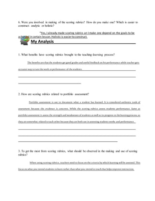 6. Were you involved in making of the scoring rubrics? How do you make one? Which is easier to
construct- analytic or holistic?
“Yes, I already made scoring rubrics an I make one depend on the goals to be
achieved in certain lesson. Holistic is easier to construct.
My Analysis
1. What benefits have scoring rubrics brought to the teaching-learning process?
The benefits are that the students get good grades and useful feedback on his performance while teacher gets
an easier way torate the work or performance of the students.
2. How are scoring rubrics related to portfolio assessment?
Portfolio assessment is use to document what a student has learned. It is considered authentic tools of
assessment because the evidence is concrete. While the scoring rubrics assess students performance. Same as
portfolio assessment it assess the strength and weaknesses of students as well as its progress in the learningprocess, so
they are somewhat relatedtoeach other because they are both use inassessing students works and performance.
3. To get the most from scoring rubrics, what should be observed in the making and use of scoring
rubrics?
When using scoring rubrics, teachers need to focus on the criteria by which learning will be assessed. This
focus on what you intend students tolearn rather than what you intendto teachthat helps improve instruction.
 
