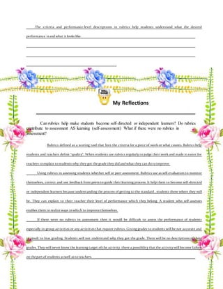 The criteria and performance-level descriptions in rubrics help students understand what the desired
performance is andwhat it looks like.
My Reflections
Can rubrics help make students become self-directed or independent learners? Do rubrics
contribute to assessment AS learning (self-assessment) What if there were no rubrics in
assessment?
Rubrics defined as a scoring tool that lists the criteria for a piece of work or what counts. Rubrics help
students and teachers define “quality”. When students use rubrics regularly to judge their work and made it easier for
teachers toexplain tostudents why they got the grade they didandwhat they can dotoimprove.
Using rubrics in assessing students whether self or peer assessment. Rubrics use as self-evaluation to monitor
themselves, correct and use feedback from peers to guide their learning process. It help them to become self-directed
or independent learners because understanding the process of getting to the standard , students show where they will
be. They can explain to their teacher their level of performance which they belong. A student who self-assesses
enables them torealize ways inwhich to improve themselves.
If there were no rubrics in assessment then it would be difficult to assess the performance of students
especially in group activities or any activities that require rubrics. Giving grades to students will be not accurate and
in result to bias grading. Students will not understand why they got the grade. There will be no descriptions of their
grades. They will never know the learning target of the activity. there a possibility that the activitywillbecome failure
on the part of students as well as toteachers.
 