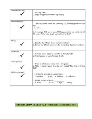 2.Short answertype
1. Ano ang klima?
2. Ibigay ang pitong kontinente ng daigdig.
3.Problemsolving
1.find an equation of the line containing (-4, 5) and perpendicular to the
line
5x -3y=4.
2. A rectangle field has an area of 300 square meters and a perimeter of
80 meters. What is the length and width of the field?
4.Essay
1. Describe the different types of plate boundaries.
2. Explain the different processes that occur along the plate boundaries.
a)restricted
1. Why did Minos imprison Daedalus in the Labyrinth?
2. What happens to Icarus? explain briefly.
b)non-restricted
1. Write an informative article from a newspaper.
2. Make a reflection paper about the story entitled,”The Soul of the Great
Bell”.
5.others(Analogy)
1.PRODUCT: MULTIPLE as DIVISION: __________
a. quotient b. sum c. dividend d. difference
2. BIBIG : USAP as MATA: __________
a. lakad b. kain c. tingin d.tulog
OBSERVATION SHEEET# 2.2 Traditional AssessmentPractices
 