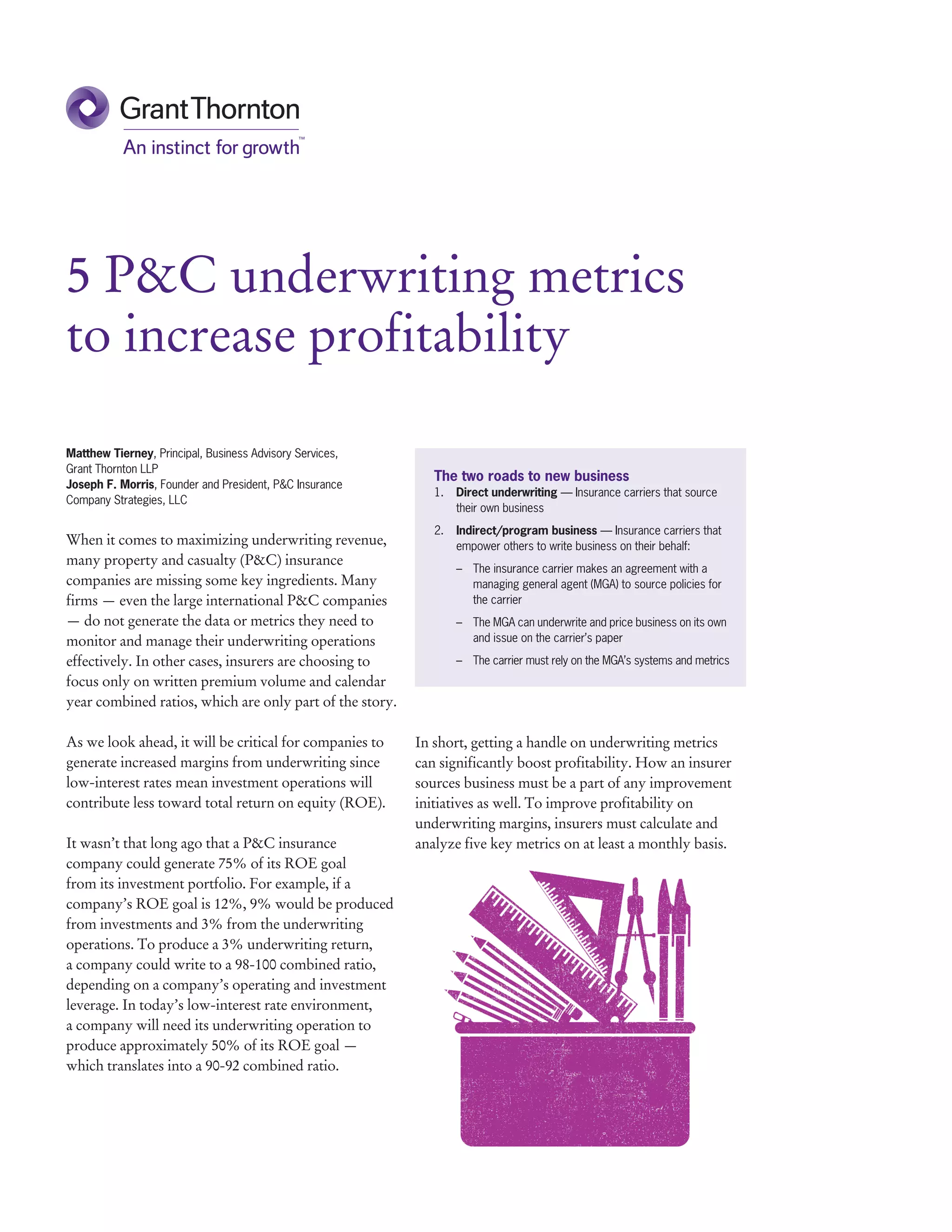 Matthew Tierney, Principal, Business Advisory Services,
Grant Thornton LLP
Joseph F. Morris, Founder and President, P&C Insurance
Company Strategies, LLC
When it comes to maximizing underwriting revenue,
many property and casualty (P&C) insurance
companies are missing some key ingredients. Many
firms — even the large international P&C companies
— do not generate the data or metrics they need to
monitor and manage their underwriting operations
effectively. In other cases, insurers are choosing to
focus only on written premium volume and calendar
year combined ratios, which are only part of the story.
As we look ahead, it will be critical for companies to
generate increased margins from underwriting since
low-interest rates mean investment operations will
contribute less toward total return on equity (ROE).
It wasn’t that long ago that a P&C insurance
company could generate 75% of its ROE goal
from its investment portfolio. For example, if a
company’s ROE goal is 12%, 9% would be produced
from investments and 3% from the underwriting
operations. To produce a 3% underwriting return,
a company could write to a 98-100 combined ratio,
depending on a company’s operating and investment
leverage. In today’s low-interest rate environment,
a company will need its underwriting operation to
produce approximately 50% of its ROE goal —
which translates into a 90-92 combined ratio.
5 P&C underwriting metrics
to increase profitability
The two roads to new business
1. 	 Direct underwriting — Insurance carriers that source
their own business
2. 	 Indirect/program business — Insurance carriers that
empower others to write business on their behalf:
	 –	 The insurance carrier makes an agreement with a 		
	 managing general agent (MGA) to source policies for 	
	 the carrier
	 – 	 The MGA can underwrite and price business on its own 	
	 and issue on the carrier’s paper
	 – 	 The carrier must rely on the MGA’s systems and metrics
In short, getting a handle on underwriting metrics
can significantly boost profitability. How an insurer
sources business must be a part of any improvement
initiatives as well. To improve profitability on
underwriting margins, insurers must calculate and
analyze five key metrics on at least a monthly basis.
 