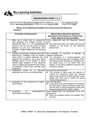 FIELD STUDY 5| Learning Assessment Strategies Process
My Learning Activities
Resource Teacher: Mrs. Lucia L. Frencillo Teacher’s Signature: Date: January 27, 1997
School: New Buenavista Academy Grade/Year Level: Grade 9 - Faith Subject Area: English
Which of the following principles were observed by the Resource
Teacher?
Principles of Assessment Observations (Describe observed
behaviours of the Resource Teacher that
is/are aligned to each principle).
1. Make use of varied tools for assessment
data gathering and multiple sources of
assessment data. It is not pedagogically
sound to rely on just one source of data
gathered by only one assessment tool.
Consider multiple intelligence's and learning
styles.
Which assessment tools did Resource Teacher
use?
 She make the Paper and Pencil Test and the
activities in the books for the learner’s
assessment.
2. Learners must be given feedback about their
performance. Feedback must be specific.
‘Good work1” is positive feedback and is
welcome but actually is not a very good
feedback since it is not specific. A more
specific better feedback is ‘You observed
rules on subject-verb agreement and variety
of sentences. Three of your commas were
misplaced.”
Give examples of comments of teachers on
students’ work/answer.
 The discussion is a teacher-centered, the
teacher is the only one who is speaking. There
are instances that students are speaking bu I
can barely count it in my hands. Also, the
teacher is not giving feedback whenever her
students is reciting.
3. Assessment should be on real-world
application and not on out-of-context drills.
How was this demonstrated?
 This principle is done when the teacher is
sharing her experience about her favorite
pastry shop and how it is being advertise to the
people and when she is saying the brand
names of other product.
4. Emphasize on the assessment of higher-
order thinking.
How was this done?
 It was done when she introduce to her student
the topic about making a Research paper and
she let them to have brainstorming about the
Research paper that they will be making
5. Emphasize on self-assessment.
(Assessment as learning)
Were students given the opportunity to do self-
assessment?
 When the students answer the activities from
the book.
OBSERVATION SHEET # 2.1
 
