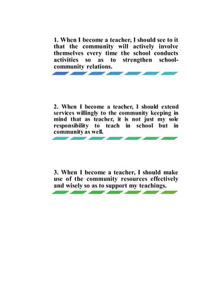 1. When I become a teacher, I should see to it
that the community will actively involve
themselves every time the school conducts
activities so as to strengthen school-
community relations.
2. When I become a teacher, I should extend
services willingly to the community keeping in
mind that as teacher, it is not just my sole
responsibility to teach in school but in
community as well.
3. When I become a teacher, I should make
use of the community resources effectively
and wisely so as to support my teachings.
 