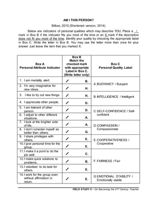 Field Indicators Worksheet FIELD STUDY (FS) 6 - EPISODE 1 (2018) | DOCX