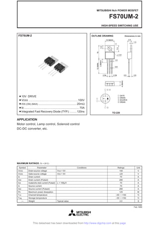 Feb.1999
FS70UM-2 OUTLINE DRAWING Dimensions in mm
TO-220
MITSUBISHI Nch POWER MOSFET
FS70UM-2
HIGH-SPEED SWITCHING USE
APPLICATION
Motor control, Lamp control, Solenoid control
DC-DC converter, etc.
100
±20
70
280
70
70
280
125
–55 ~ +150
–55 ~ +150
2.0
VGS = 0V
VDS = 0V
L = 100µH
Typical value
Drain-source voltage
Gate-source voltage
Drain current
Drain current (Pulsed)
Avalanche drain current (Pulsed)
Source current
Source current (Pulsed)
Maximum power dissipation
Channel temperature
Storage temperature
Weight
V
V
A
A
A
A
A
W
°C
°C
g
VDSS
VGSS
ID
IDM
IDA
IS
ISM
PD
Tch
Tstg
—
Symbol
MAXIMUM RATINGS (Tc = 25°C)
Parameter Conditions Ratings Unit
¡10V DRIVE
¡VDSS ................................................................................100V
¡rDS (ON) (MAX) .............................................................. 20mΩ
¡ID ......................................................................................... 70A
¡Integrated Fast Recovery Diode (TYP.) ...........120ns
10.5MAX. 4.5
1.3
f 3.6
3.2
1612.5MIN.
3.8MAX.
1.0
0.8
2.54 2.54
4.5MAX.
0.5 2.6
7.0
q w e
q GATE
w DRAIN
e SOURCE
r DRAIN
r
D
w r
q
e
This datasheet has been downloaded from http://www.digchip.com at this page
 