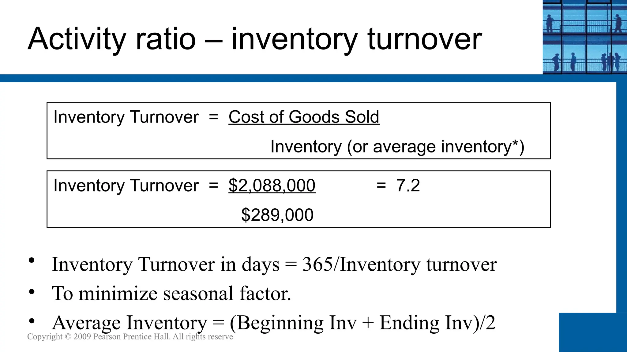 Activity ratio – inventory turnover
• Inventory Turnover in days = 365/Inventory turnover
• To minimize seasonal factor.
• Average Inventory = (Beginning Inv + Ending Inv)/2
Copyright © 2009 Pearson Prentice Hall. All rights reserve
Inventory Turnover = Cost of Goods Sold
Inventory (or average inventory*)
Inventory Turnover = $2,088,000 = 7.2
$289,000
 