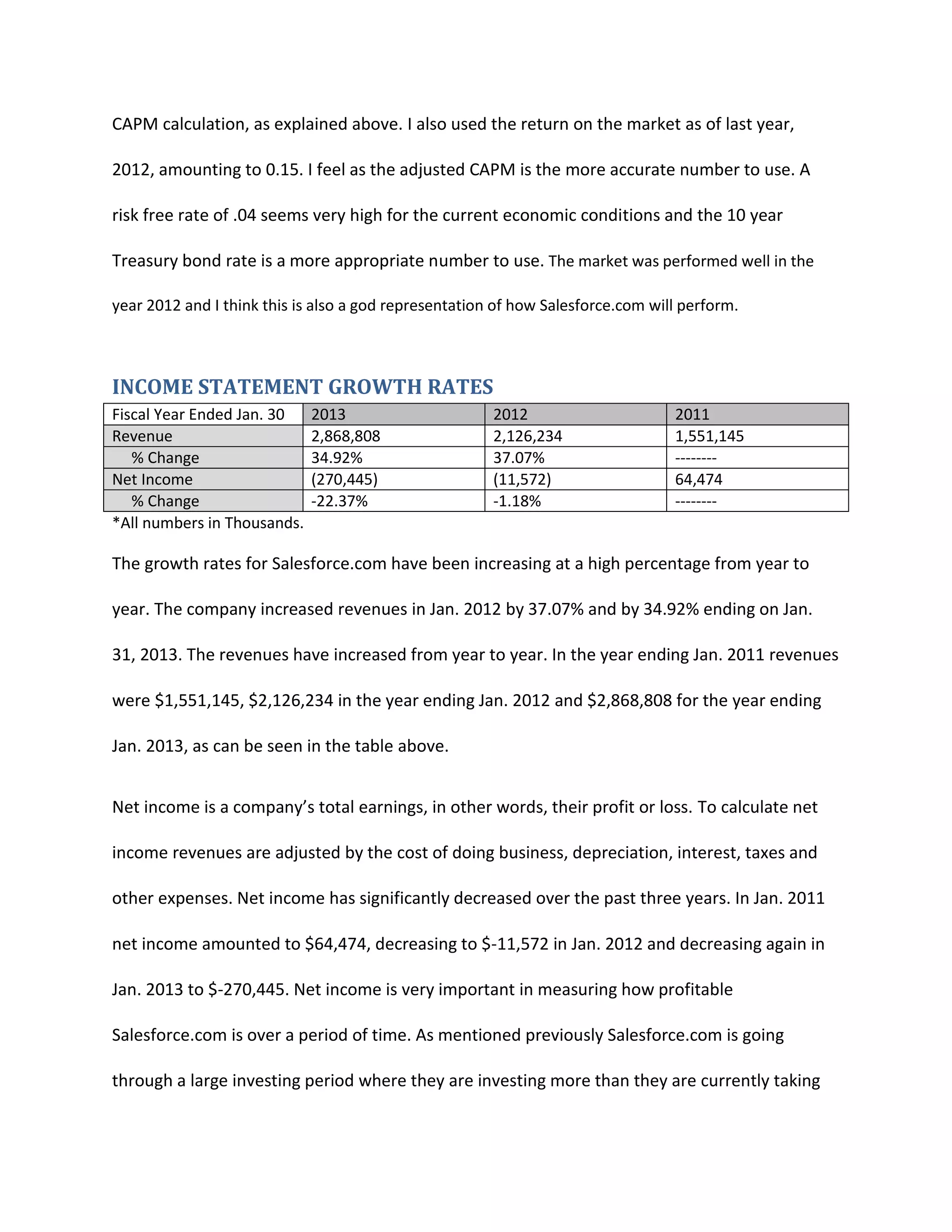 CAPM calculation, as explained above. I also used the return on the market as of last year,
2012, amounting to 0.15. I feel as the adjusted CAPM is the more accurate number to use. A
risk free rate of .04 seems very high for the current economic conditions and the 10 year
Treasury bond rate is a more appropriate number to use. The market was performed well in the
year 2012 and I think this is also a god representation of how Salesforce.com will perform.

INCOME STATEMENT GROWTH RATES
Fiscal Year Ended Jan. 30
Revenue
% Change
Net Income
% Change
*All numbers in Thousands.

2013
2,868,808
34.92%
(270,445)
-22.37%

2012
2,126,234
37.07%
(11,572)
-1.18%

2011
1,551,145
-------64,474
--------

The growth rates for Salesforce.com have been increasing at a high percentage from year to
year. The company increased revenues in Jan. 2012 by 37.07% and by 34.92% ending on Jan.
31, 2013. The revenues have increased from year to year. In the year ending Jan. 2011 revenues
were $1,551,145, $2,126,234 in the year ending Jan. 2012 and $2,868,808 for the year ending
Jan. 2013, as can be seen in the table above.
Net income is a company&rsquo;s total earnings, in other words, their profit or loss. To calculate net
income revenues are adjusted by the cost of doing business, depreciation, interest, taxes and
other expenses. Net income has significantly decreased over the past three years. In Jan. 2011
net income amounted to $64,474, decreasing to $-11,572 in Jan. 2012 and decreasing again in
Jan. 2013 to $-270,445. Net income is very important in measuring how profitable
Salesforce.com is over a period of time. As mentioned previously Salesforce.com is going
through a large investing period where they are investing more than they are currently taking

 