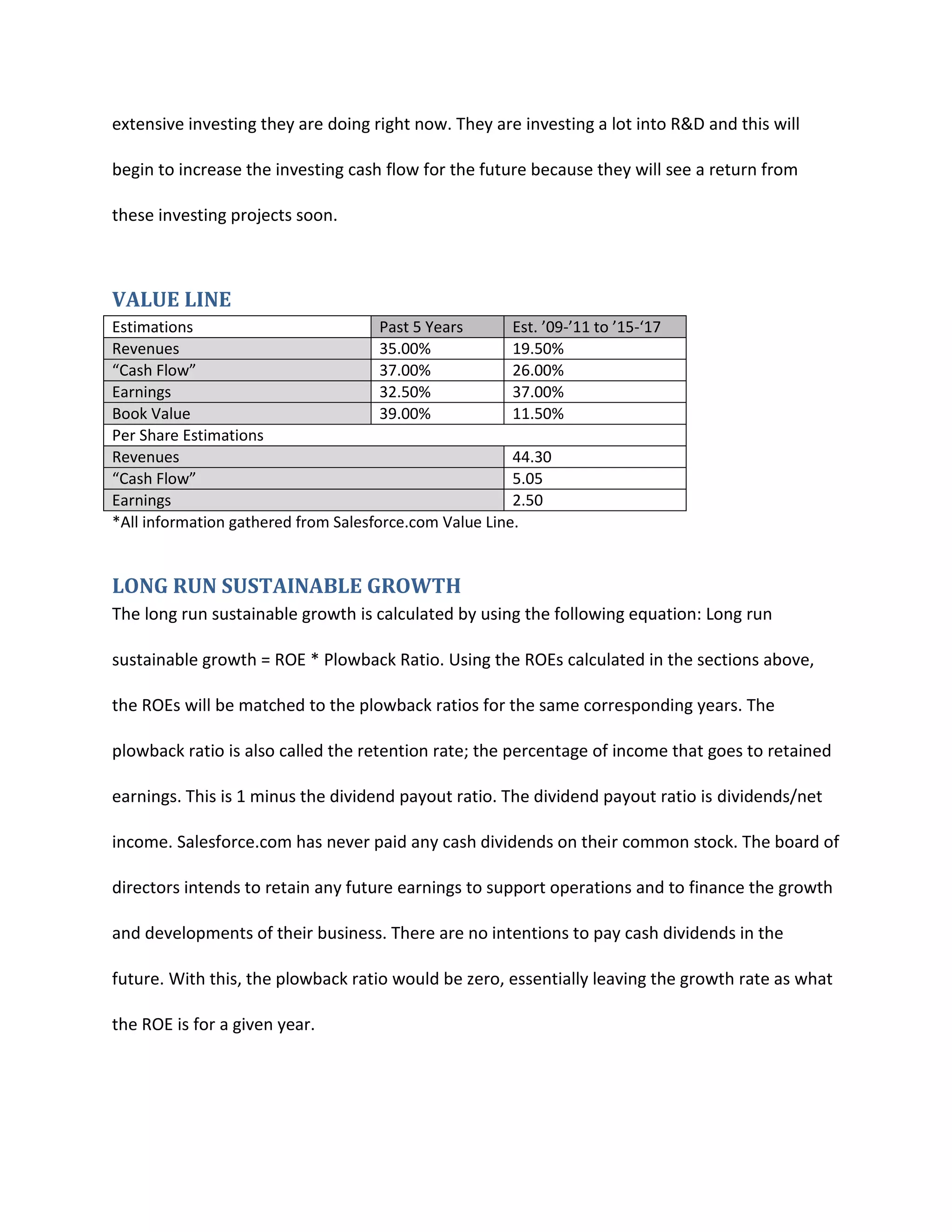 extensive investing they are doing right now. They are investing a lot into R&D and this will
begin to increase the investing cash flow for the future because they will see a return from
these investing projects soon.

VALUE LINE
Estimations
Past 5 Years
Est. &rsquo;09-&rsquo;11 to &rsquo;15-&lsquo;17
Revenues
35.00%
19.50%
&ldquo;Cash Flow&rdquo;
37.00%
26.00%
Earnings
32.50%
37.00%
Book Value
39.00%
11.50%
Per Share Estimations
Revenues
44.30
&ldquo;Cash Flow&rdquo;
5.05
Earnings
2.50
*All information gathered from Salesforce.com Value Line.

LONG RUN SUSTAINABLE GROWTH
The long run sustainable growth is calculated by using the following equation: Long run
sustainable growth = ROE * Plowback Ratio. Using the ROEs calculated in the sections above,
the ROEs will be matched to the plowback ratios for the same corresponding years. The
plowback ratio is also called the retention rate; the percentage of income that goes to retained
earnings. This is 1 minus the dividend payout ratio. The dividend payout ratio is dividends/net
income. Salesforce.com has never paid any cash dividends on their common stock. The board of
directors intends to retain any future earnings to support operations and to finance the growth
and developments of their business. There are no intentions to pay cash dividends in the
future. With this, the plowback ratio would be zero, essentially leaving the growth rate as what
the ROE is for a given year.

 