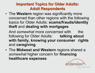 Important Topics for Older Adults:
                Adult Respondents
• The Western region was significantly more
  concerned than other regions with the following
  topics for Older Adults: scams/frauds/identity
  theft and dealing with mortgages
  And somewhat more concerned with         the
  following for Older Adults:   talking about
  with family, knowing your consumer rights
  and caregiving
• The Midwest and Western regions shared a
  somewhat higher concern for financing
  healthcare expenses
 