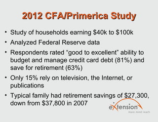 2012 CFA/Primerica Study
• Study of households earning $40k to $100k
• Analyzed Federal Reserve data
• Respondents rated “good to excellent” ability to
  budget and manage credit card debt (81%) and
  save for retirement (63%)
• Only 15% rely on television, the Internet, or
  publications
• Typical family had retirement savings of $27,300,
  down from $37,800 in 2007
 