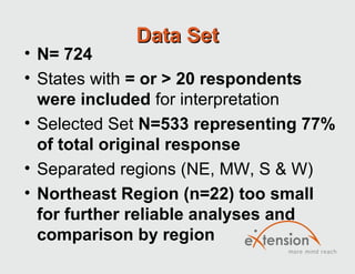Data Set
• N= 724
• States with = or > 20 respondents
  were included for interpretation
• Selected Set N=533 representing 77%
  of total original response
• Separated regions (NE, MW, S & W)
• Northeast Region (n=22) too small
  for further reliable analyses and
  comparison by region
 