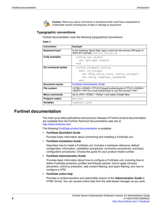 Fortinet documentation                                                                                                Introduction




                                       Caution: Warns you about commands or procedures that could have unexpected or
                                       undesirable results including loss of data or damage to equipment.


                         Typographic conventions
                            Fortinet documentation uses the following typographical conventions:
                            Table 1:

                            Convention                  Example
                            Keyboard input              In the Gateway Name field, type a name for the remote VPN peer or
                                                        client (for example, Central_Office_1).
                            Code examples                   config sys global
                                                              set ips-open enable
                                                            end
                            CLI command syntax              config firewall policy
                                                              edit id_integer
                                                                set http_retry_count <retry_integer>
                                                                set natip <address_ipv4mask>
                                                              end
                            Document names              FortiGate Administration Guide
                            File content                <HTML><HEAD><TITLE>Firewall Authentication</TITLE></HEAD>
                                                        <BODY><H4>You must authenticate to use this service.</H4>
                            Menu commands               Go to VPN > IPSEC > Phase 1 and select Create New.
                            Program output              Welcome!
                            Variables                   <address_ipv4>


    Fortinet documentation
                            The most up-to-date publications and previous releases of Fortinet product documentation
                            are available from the Fortinet Technical Documentation web site at
                            http://docs.forticare.com.
                            The following FortiGate product documentation is available:
                            •   FortiGate QuickStart Guide
                                Provides basic information about connecting and installing a FortiGate unit.
                            •   FortiGate Installation Guide
                                Describes how to install a FortiGate unit. Includes a hardware reference, default
                                configuration information, installation procedures, connection procedures, and basic
                                configuration procedures. Choose the guide for your product model number.
                            •   FortiGate Administration Guide
                                Provides basic information about how to configure a FortiGate unit, including how to
                                define FortiGate protection profiles and firewall policies; how to apply intrusion
                                prevention, antivirus protection, web content filtering, and spam filtering; and how to
                                configure a VPN.
                            •   FortiGate online help
                                Provides a context-sensitive and searchable version of the Administration Guide in
                                HTML format. You can access online help from the web-based manager as you work.




                                                        Fortinet Server Authentication Extension Version 4.0 Administration Guide
6                                                                                                         01-400-97436-20090522
                                                                                               http://docs.fortinet.com/ • Feedback
 