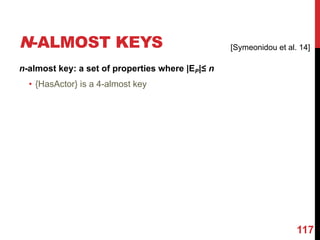 N-ALMOST KEYS
n-almost key: a set of properties where |EP|≤ n
• {HasActor} is a 4-almost key
117
[Symeonidou et al. 14]
 