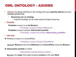 1313
• Axioms: knowledge definitions in the ontology that were explicitly defined and have
not been proven true.
• Reasoning over an ontology
→ Implicit knowledge can be made explicit by logical reasoning
• Example:
Pompidou museum is an Art Museum
< Pompidou_museum rdf:type ArtMuseum> .
Pompidou museum contains Hallucination partielle
< Pompidou_museum ao:contains Hallucination_partielle> .
• Infer that:
è Pompidou museum is a CulturalPlace
< Pompidou_museum rdf:type CulturalPlace> .
Because: Museum subsumes ArtMuseum and CulturalPlace subsumes Museum
è Hallucination partielle is a Work
<Hallucination_partielle rdf:type ao:Work> .
Because: the range of the object property contains is the class Work.
OWL ONTOLOGY - AXIOMS
 