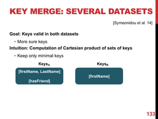 KEY MERGE: SEVERAL DATASETS
Goal: Keys valid in both datasets
• More sure keys
Intuition: Computation of Cartesian product of sets of keys
• Keep only minimal keys
133
[firstName, LastName]
[hasFriend]
[firstName]
KeysA KeysB
[Symeonidou et al. 14]
 