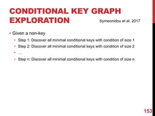 CONDITIONAL KEY GRAPH
EXPLORATION
• Given a non-key
• Step 1: Discover all minimal conditional keys with condition of size 1
• Step 2: Discover all minimal conditional keys with condition of size 2
• …
• Step n: Discover all minimal conditional keys with condition of size n
153
Symeonidou et al. 2017
 