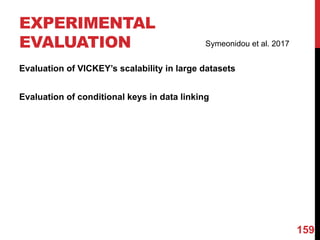 EXPERIMENTAL
EVALUATION
Evaluation of VICKEY’s scalability in large datasets
Evaluation of conditional keys in data linking
159
Symeonidou et al. 2017
 