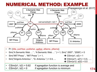 b1
e1
b2
a11 e2 a21
owl:sameAs(b1, b2) ?
author
author
publisherpublisher
A Semantic Web
Primer
title
A Semantic Web
Primer
title
2008
pubYear
2007
pubYear
G. Antoniou
aName
Grigoris
Antoniou
aName
author
…
a12
…
author
…
a22
…
r2n
r21ref
ref
…r1m r11
ref ref
…
NUMERICAL METHOD: EXAMPLE
• P= {title, pubYear, publisher, author, aName, pName}
• Sim(“A Semantic Web …``, “A Semantic Web …``) = 1, Sim(“ 2007“, “2008“) = 0
• Sim(“MIT Press``, “MIT Press``) = 1, è CSim(e1, e2) = 1
• Sim(“Grigoris Antoniou``, “G. Antoniou``) = 0.5, ... è CSim(a11, a21) = 0.5, ….
è CSim(a12, a22) = 0.5
MIT Press
MIT Press
pName
pNam
e
• CSim(b1, b2) = 0.62 if agregation function is average and
• CSim(b1, b2) = 0 if agregation function is minimum 174
[Papageorgio et al. 2017]
 