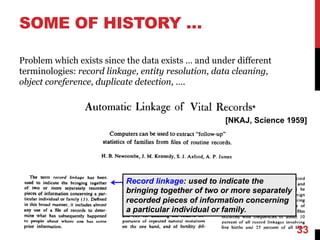 Problem which exists since the data exists … and under different
terminologies: record linkage, entity resolution, data cleaning,
object coreference, duplicate detection, ….
Record linkage: used to indicate the
bringing together of two or more separately
recorded pieces of information concerning
a particular individual or family.
[NKAJ, Science 1959]
SOME OF HISTORY …
33
 