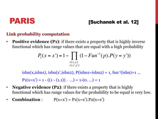 Link probability computation
• Positive evidence (P1): if there exists a property that is highly inverse
functional which has range values that are equal with a high probability
isbn(x,isbn1), isbn(x’,isbn2), P(isbn1=isbn2) = 1, fun-1(isbn)=1 …
P1(x=x’) = 1 - ((1 - (1.1)) . …) = 1-(0. …) = 1
• Negative evidence (P2): if there exists a property that is highly
functional which has range values for the probability to be equal is very low.
• Combination : P(x=x’) = P1(x=x’).P2(x=x’)
69
P1(x = x') =1− (1− Fun−1
r(x,y)
r(x',y')
∏ (p).P(y = y'))
PARIS [Suchanek et al. 12]
 