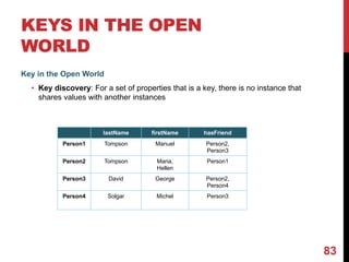 KEYS IN THE OPEN
WORLD
Key in the Open World
• Key discovery: For a set of properties that is a key, there is no instance that
shares values with another instances
83
lastName firstName hasFriend
Person1 Tompson Manuel Person2,
Person3
Person2 Tompson Maria,
Hellen
Person1
Person3 David George Person2,
Person4
Person4 Solgar Michel Person3
 
