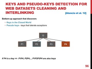 KEYS AND PSEUDO-KEYS DETECTION FOR
WEB DATASETS CLEANING AND
INTERLINKING [Atencia et al. 12]
96
x
P2P1 P3 P4
Bottom-up approach that discovers
• Keys in the Closed World
• Pseudo keys - keys that tolerate exceptions
If P4 is a key => P1P4, P2P4,.., P1P2P3P4 are also keys
 