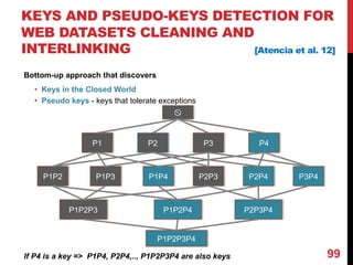 KEYS AND PSEUDO-KEYS DETECTION FOR
WEB DATASETS CLEANING AND
INTERLINKING [Atencia et al. 12]
Bottom-up approach that discovers
• Keys in the Closed World
• Pseudo keys - keys that tolerate exceptions
If P4 is a key => P1P4, P2P4,.., P1P2P3P4 are also keys 99
x
P2P1 P3 P4
P1P2 P1P3 P1P4 P2P3 P2P4 P3P4
P1P2P3 P1P2P4 P2P3P4
P1P2P3P4
 