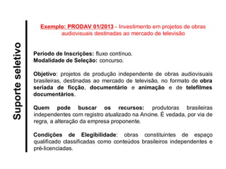 Exemplo: PRODAV 01/2013 - Investimento em projetos de obras audiovisuais destinadas ao mercado de televisão 
Período de Inscrições: fluxo contínuo. 
Modalidade de Seleção: concurso. 
Objetivo: projetos de produção independente de obras audiovisuais brasileiras, destinadas ao mercado de televisão, no formato de obra seriada de ficção, documentário e animação e de telefilmes documentários. 
Quem pode buscar os recursos: produtoras brasileiras independentes com registro atualizado na Ancine. É vedada, por via de regra, a alteração da empresa proponente. 
Condições de Elegibilidade: obras constituintes de espaço qualificado classificadas como conteúdos brasileiros independentes e pré-licenciadas. 
Suporte seletivo  