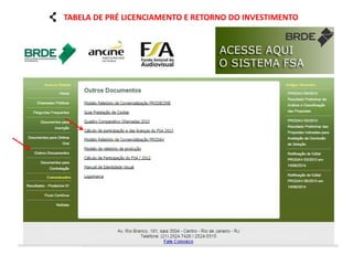 TABELA DE PRÉ LICENCIAMENTO E RETORNO DO INVESTIMENTO  