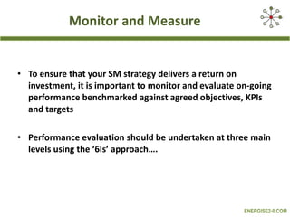 Monitor and Measure To ensure that your SM strategy delivers a return on investment, it is important to monitor and evaluate on-going performance benchmarked against agreed objectives, KPIs and targets Performance evaluation should be undertaken at three main levels using the ‘6Is’ approach….   