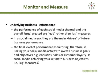 Monitor and Measure Underlying Business Performance the performance of each social media channel and the overall ‘buzz’ created are ‘lead’ rather than ‘lag’ measures in a social media era, they are the main ‘drivers’ of future business performance the final level of performance monitoring, therefore, is linking your social media activity to overall business goals and objectives e.g. enquiries, sales or customer loyalty.  Is social media achieving your ultimate business objectives i.e. ‘lag’ measures?  