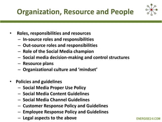 Organization, Resource and People   Roles, responsibilities and resources In-source roles and responsibilities Out-source roles and responsibilities Role of the Social Media champion Social media decision-making and control structures  Resource plans Organizational culture and ‘mindset’ Policies and guidelines Social Media Proper Use Policy Social Media Content Guidelines Social Media Channel Guidelines  Customer Response Policy and Guidelines Employee Response Policy and Guidelines Legal aspects to the above 