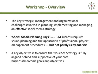 Workshop - Overview The key strategic, management and organizational challenges involved in planning, implementing and managing an effective social media strategy ‘ Social Media Planning Pays’…….  SM success requires sound planning and the application of professional project management procedures ….  but not paralysis by analysis A key objective is to ensure that your SM Strategy is fully aligned behind and supportive of your core business/marcoms goals and objectives 