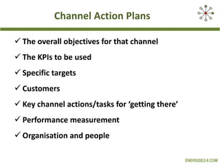 Channel Action Plans The overall objectives for that channel The KPIs to be used Specific targets Customers Key channel actions/tasks for ‘getting there’ Performance measurement Organisation and people 