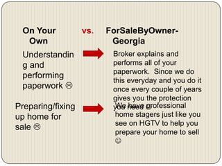 Did you Know…….That the typical FSBO home sold for $59,300 LESS THAN an agent-assisted home sold!!!!  This loss was due to improperly pricing of a home combined with poorly negotiated contracts that could have yielded much more! 