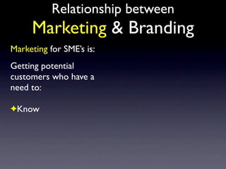 Relationship between
     Marketing & Branding
Marketing for SME’s is:
Getting potential
customers who have a
need to:

✦K...