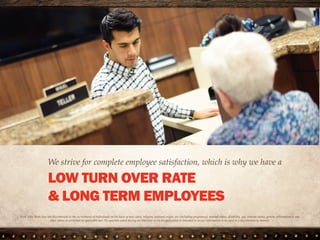 We strive for complete employee satisfaction, which is why we have
A LOW TURN OVER RATE
& LONG TERM EMPLOYEES
First State Bank does not discriminate in the recruitment of individuals on the basis of race, color, religion, national origin, sex (including
pregnancy), marital status, disability, age, veteran status, genetic information or any other status as protected by applicable law. No question
asked during an interview or on an application is intended to secure information to be used in a discriminatory manner.
 