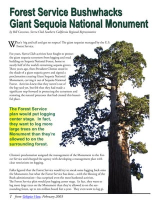Forest Service Bushwhacks
Giant Sequoia National Monument
by Bill Corcoran, Sierra Club Southern California Regional Representative



W     hat’s big and tall and get no respect? e giant sequoias managed by the U.S.
      Forest Service.

For years, Sierra Club activists have fought to protect
the giant sequoia ecosystem from logging and road
building on Sequoia National Forest, home to
nearly half of the world’s remaining sequoia groves.
ree years ago, then-President Clinton stood in
the shade of a giant sequoia grove and signed a
proclamation creating Giant Sequoia National
Monument, carving it out of Sequoia National
Forest. Activists knew that they weren’t out of
the log yard yet, but felt that they had made a
significant step forward in protecting the ecosystem and
restoring the natural processes that had created this beauti-
ful place.


The Forest Service
plan would put logging
center stage. In fact,
they want to log more
large trees on the
Monument than they’re
allowed to on the
surrounding forest.

Clinton’s proclamation assigned the management of the Monument to the For-
est Service and charged the agency with developing a management plan with
clear restrictions on logging.

Folks figured that the Forest Service would try to sneak some logging back onto
the Monument, but what the Forest Service has done—with the blessing of the
Bush administration—has surprised even the most hardened activists.
e Forest Service plan would put logging center stage. In fact, they want to
log more large trees on the Monument than they’re allowed to on the sur-
rounding forest, up to ten million board feet a year. ey even want to log gi-

1   from Tehipite View, February 2003
 