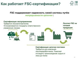 11
Как работает FSC-сертификация?
FSC поддерживает надежность своей системы путём
непрерывности цепочки :
Сертификация лесоуправления
Требуется лесозаготовителям.
Устанавливаются стандарты ответственного
управления лесами
Лес
Сертификация цепочки поставок
Требуется для компаний-
лесопереработчиков. Помогает
отследить происхождение сырья от
леса до полки
Логотип FSC на
готовой
продукции
 
