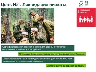 32
Цель №1. Ликвидация нищеты
Выплата разумной заработной платы
Согласования предполагаемых действий по вырубке леса с местным
населением, в т.ч. коренными народами
Поддержка функционирования или стройка новых школ, больниц
Сертифицированная древесина важна для борьбы с торговлей
нелегальной древесиной и коррупцией
 