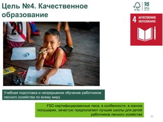 35
Цель №4. Качественное
образование
FSC-сертифицированные леса, в особенности, в южном
полушарии, зачастую предполагают лучшие школы для детей
работников лесного хозяйства
Учебная подготовка и непрерывное обучение работников
лесного хозяйства по всему миру
 