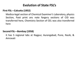 Evolution of State FSL’s
First FSL---Calcutta (1952)
Medico-legal section of Chemical Examiner’s Laboratory, physics
Section, Foot print ans note forgery sections of CID was
transferred here, Chemistry Section of CEL was also transferred
here
Second FSL---Bombay (1958)
It has 5 regional labs at Nagpur, Aurangabad, Pune, Nasik, &
Amravati
 
