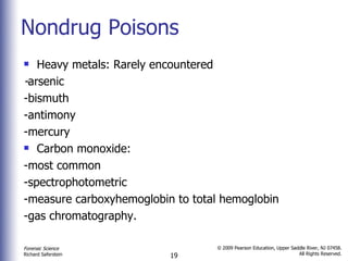 Nondrug Poisons Heavy metals: Rarely encountered - arsenic -bismuth -antimony -mercury Carbon monoxide: -most common -spectrophotometric -measure carboxyhemoglobin to total hemoglobin -gas chromatography.  