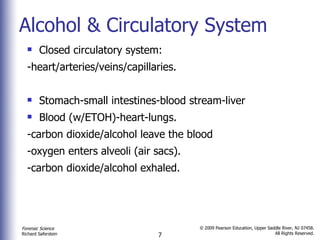 Alcohol & Circulatory System Closed circulatory system: -heart/arteries/veins/capillaries. Stomach-small intestines-blood stream-liver Blood (w/ETOH)-heart-lungs. -carbon dioxide/alcohol leave the blood  -oxygen enters alveoli (air sacs). -carbon dioxide/alcohol exhaled. 