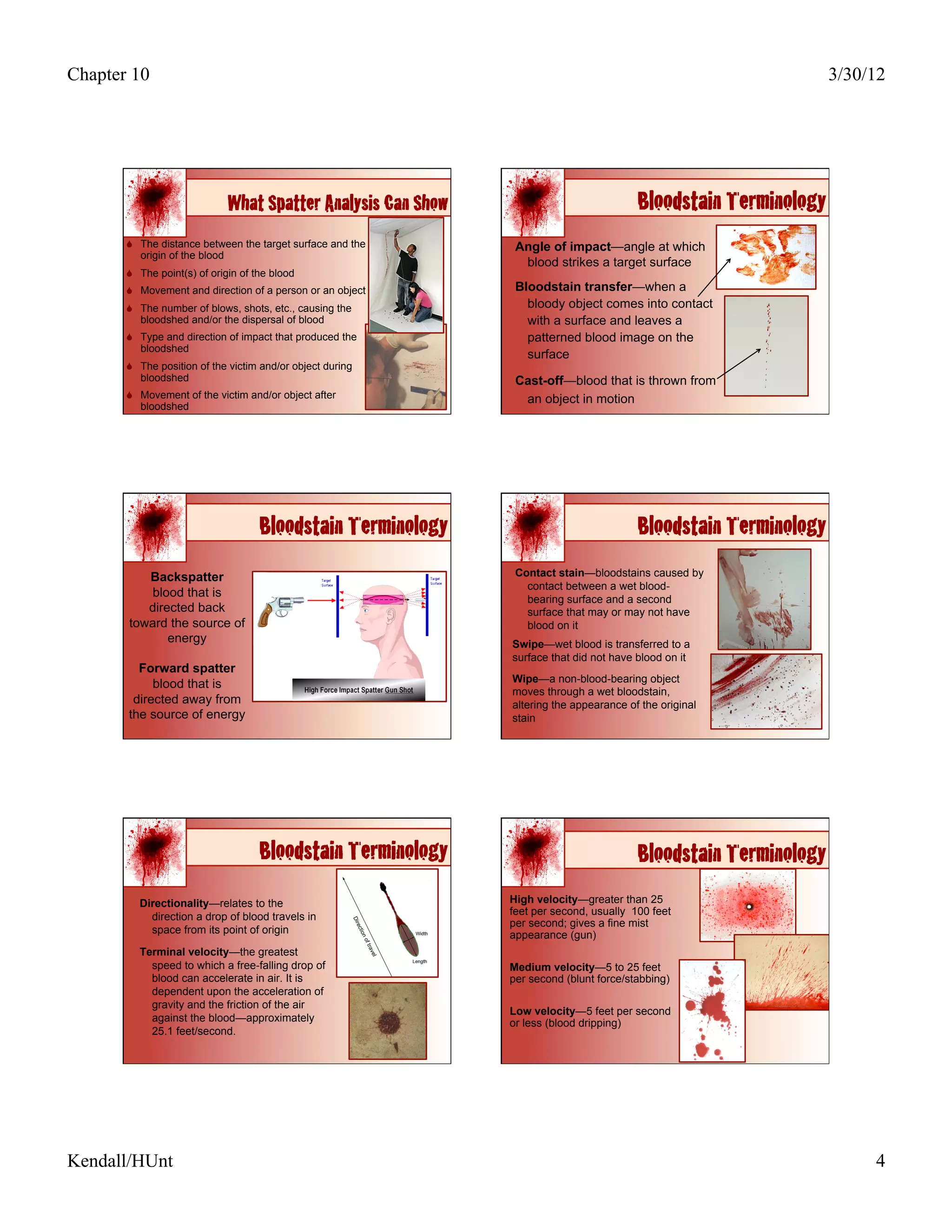 Chapter 10                                                                                                         3/30/12




                             What Spatter Analysis Can Show!                             Bloodstain Terminology!
         The distance between the target surface and the       Angle of impact—angle at which
          origin of the blood
                                                                 blood strikes a target surface
         The point(s) of origin of the blood
         Movement and direction of a person or an object       Bloodstain transfer—when a
         The number of blows, shots, etc., causing the           bloody object comes into contact
          bloodshed and/or the dispersal of blood                 with a surface and leaves a
         Type and direction of impact that produced the          patterned blood image on the
          bloodshed
                                                                  surface
         The position of the victim and/or object during
          bloodshed                                             Cast-off—blood that is thrown from
         Movement of the victim and/or object after             an object in motion
          bloodshed




                                     Bloodstain Terminology!                             Bloodstain Terminology!
          Backspatter                                           Contact stain—bloodstains caused by
                                                                  contact between a wet blood-
          blood that is
                                                                  bearing surface and a second
          directed back                                           surface that may or may not have
       toward the source of                                       blood on it
              energy                                           Swipe—wet blood is transferred to a
                                                               surface that did not have blood on it
         Forward spatter
            blood that is                                      Wipe—a non-blood-bearing object
                                                               moves through a wet bloodstain,
        directed away from                                     altering the appearance of the original
       the source of energy                                    stain




                                     Bloodstain Terminology!                             Bloodstain Terminology!
          Directionality—relates to the                        High velocity—greater than 25
            direction a drop of blood travels in               feet per second, usually 100 feet
                                                               per second; gives a fine mist
            space from its point of origin                     appearance (gun)
          Terminal velocity—the greatest
            speed to which a free-falling drop of              Medium velocity—5 to 25 feet
            blood can accelerate in air. It is                 per second (blunt force/stabbing)
            dependent upon the acceleration of
            gravity and the friction of the air
                                                               Low velocity—5 feet per second
            against the blood—approximately                    or less (blood dripping)
            25.1 feet/second.




Kendall/HUnt                                                                                                            4
 