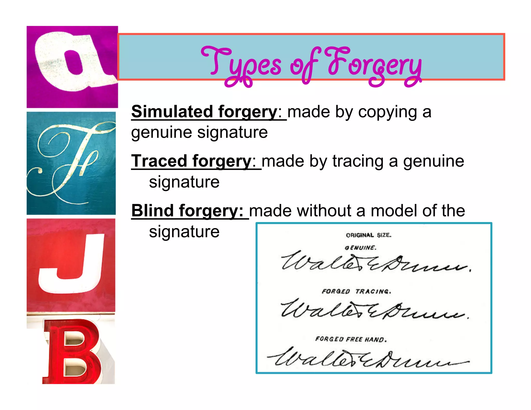Types of Forgery
Simulated forgery: made by copying a
genuine signature
Traced forgery: made by tracing a genuine
  signature
Blind forgery: made without a model of the
  signature
 