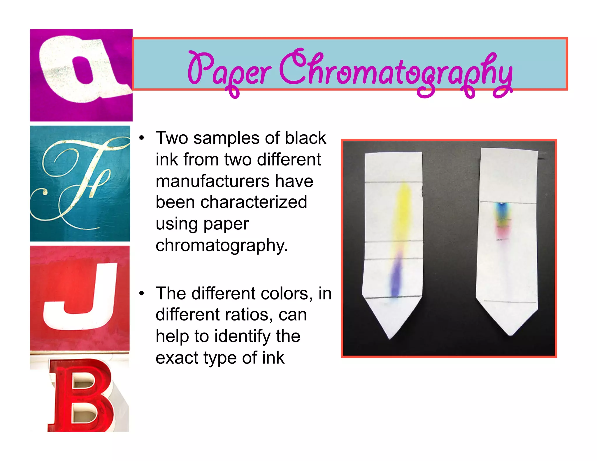 Paper Chromatography
•  Two samples of black
   ink from two different
   manufacturers have
   been characterized
   using paper
   chromatography.

•  The different colors, in
   different ratios, can
   help to identify the
   exact type of ink
 