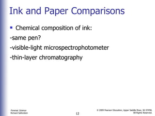 Ink and Paper Comparisons Chemical composition of ink: -same pen?  -visible-light microspectrophotometer -thin-layer chromatography 