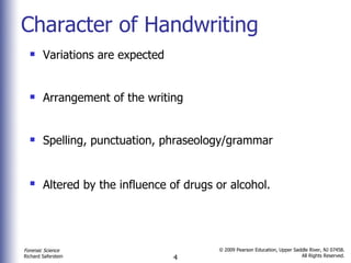 Character of Handwriting Variations are expected Arrangement of the writing Spelling, punctuation, phraseology/grammar Altered by the influence of drugs or alcohol.   