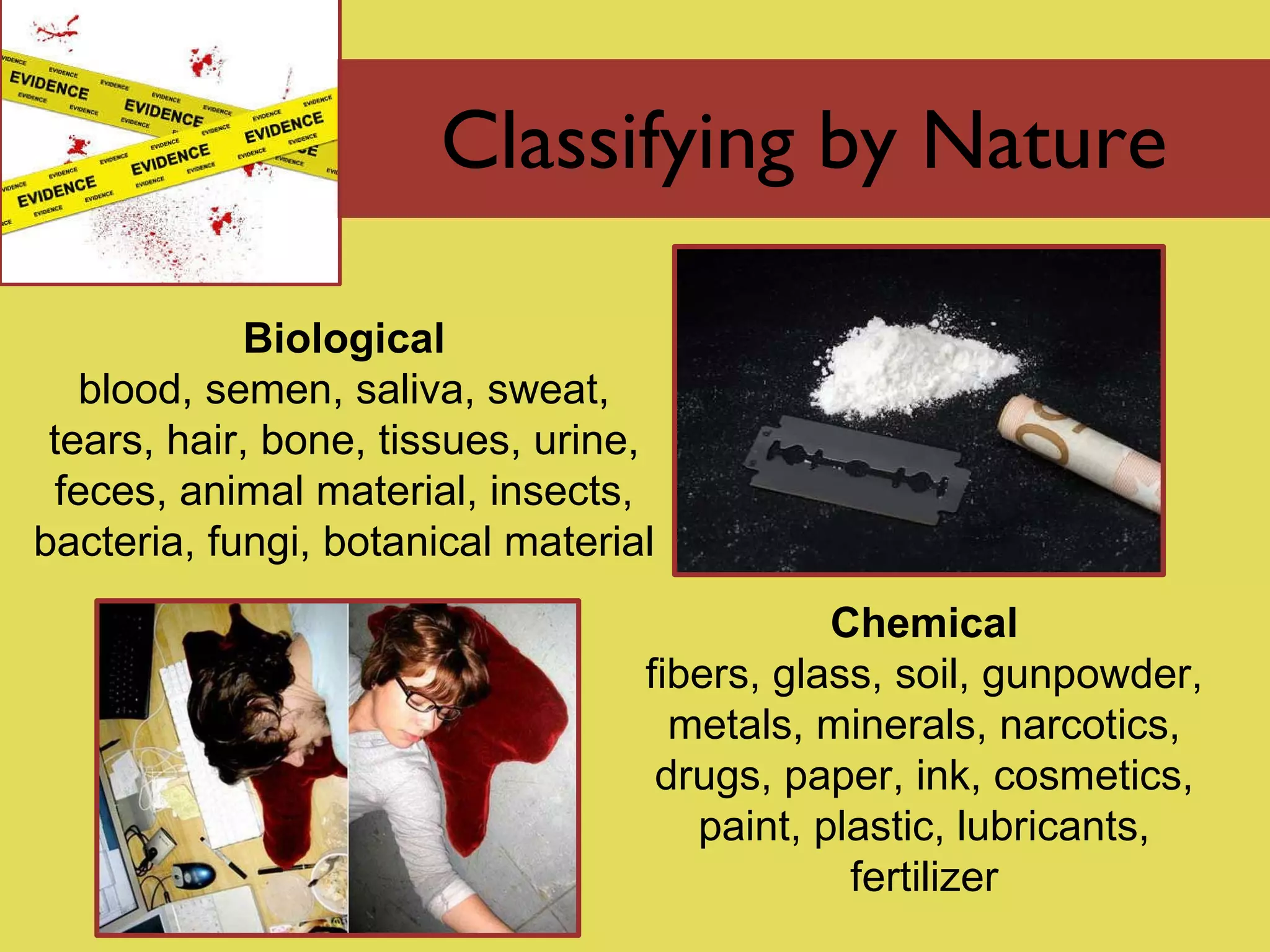 Classifying by Nature Biological blood, semen, saliva, sweat, tears, hair, bone, tissues, urine, feces, animal material, insects, bacteria, fungi, botanical material Chemical fibers, glass, soil, gunpowder, metals, minerals, narcotics, drugs, paper, ink, cosmetics, paint, plastic, lubricants, fertilizer 